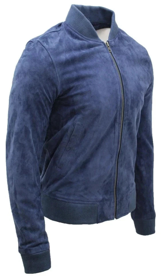 Men Navy Blue Suede Bomber Jacket - Handcrafted Full-Grain Original Leather Classic