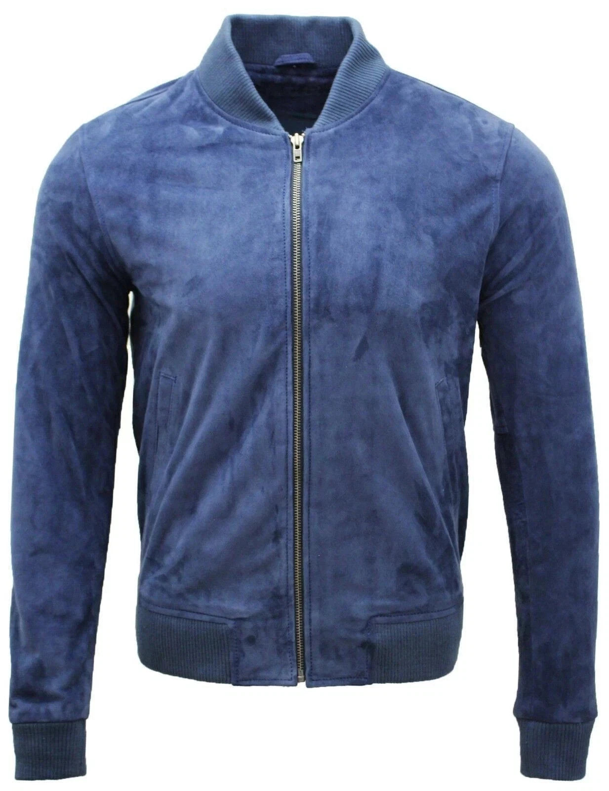 Men Navy Blue Suede Bomber Jacket - Handcrafted Full-Grain Original Leather Classic