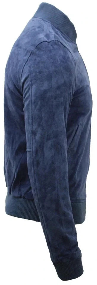 Men Navy Blue Suede Bomber Jacket - Handcrafted Full-Grain Original Leather Classic