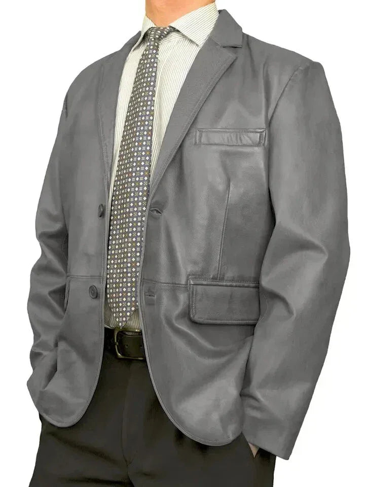 Original Men Grey Leather Blazer - Handcrafted Full-Grain Leather Tailored Jacket