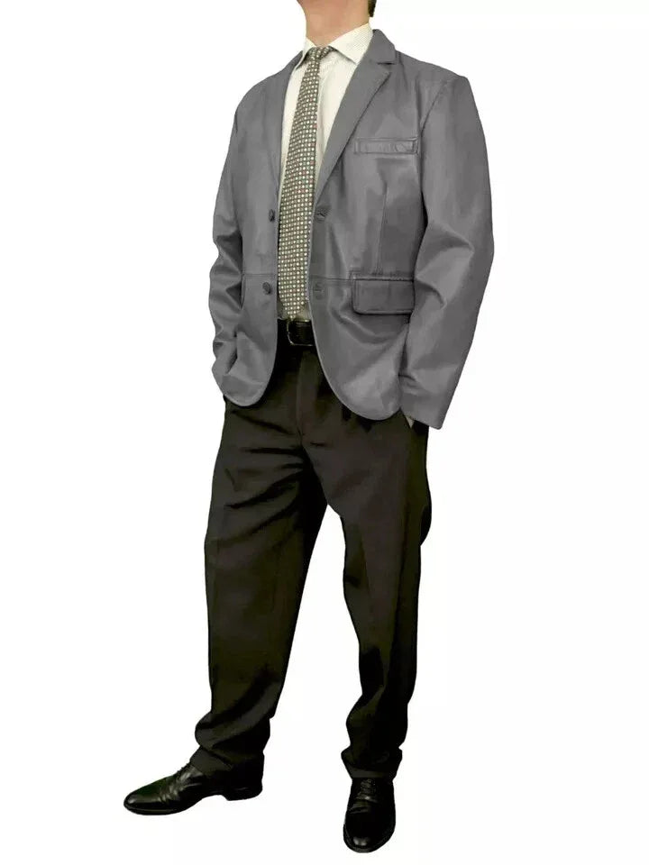 Original Men Grey Leather Blazer - Handcrafted Full-Grain Leather Tailored Jacket