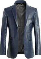 Men's Premium Navy Blue Original Leather Blazer - Handcrafted Full-Grain Formal Jacket