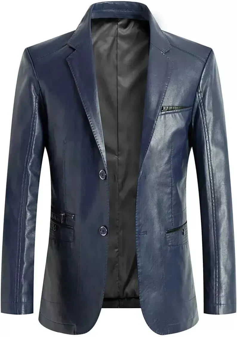 Men's Premium Navy Blue Original Leather Blazer - Handcrafted Full-Grain Formal Jacket