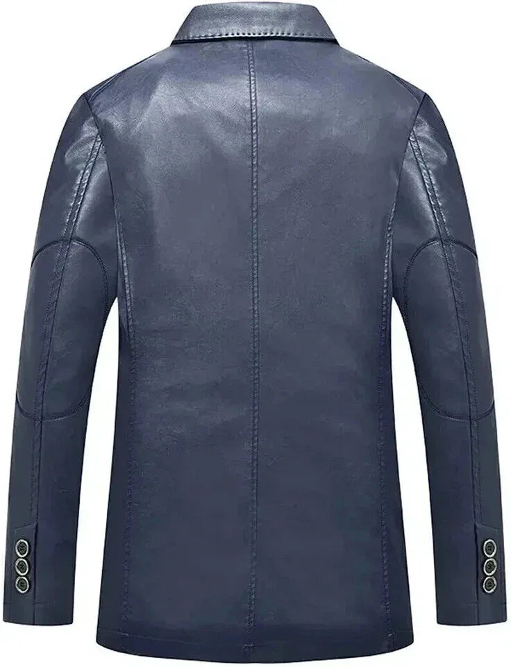 Men's Premium Navy Blue Original Leather Blazer - Handcrafted Full-Grain Formal Jacket