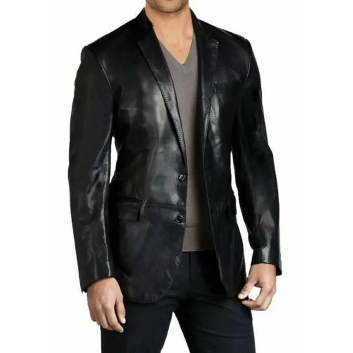 Men's Premium Black Original Leather Blazer - Handcrafted Full-Grain Formal Jacket