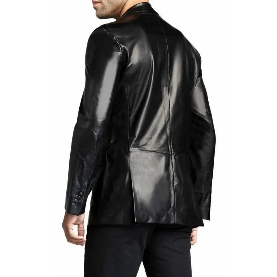 Men's Premium Black Original Leather Blazer - Handcrafted Full-Grain Formal Jacket