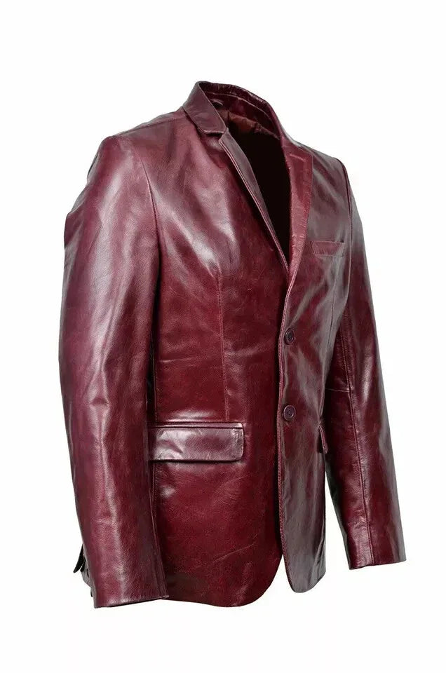 Men's Premium Burgundy Oxblood Original Leather Blazer - Handcrafted Full-Grain Formal Jacket