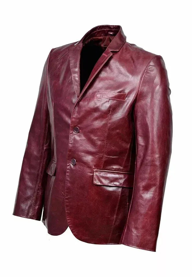 Men's Premium Burgundy Oxblood Original Leather Blazer - Handcrafted Full-Grain Formal Jacket