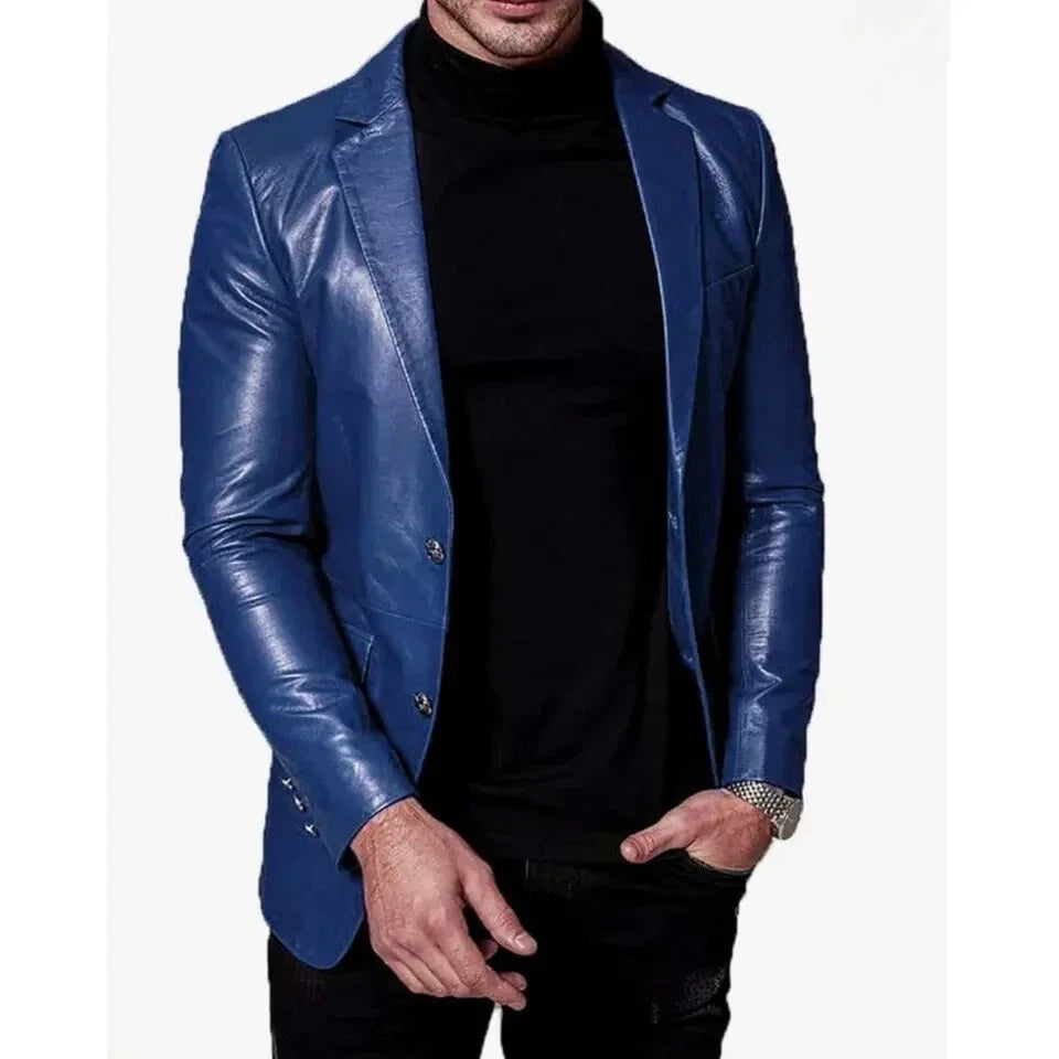 Men's Premium Royal Blue Original Leather Blazer - Handcrafted Full-Grain Formal Jacket