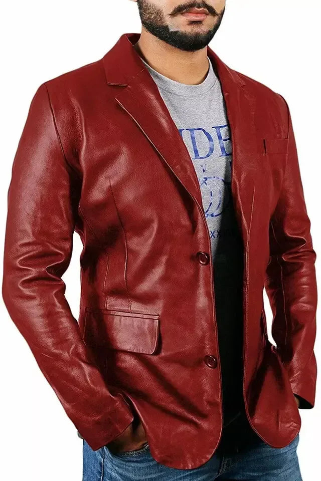 Men's Premium Burgundy Maroon Original Leather Blazer - Handcrafted Full-Grain Formal Jacket