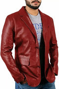 Men's Premium Burgundy Maroon Original Leather Blazer - Handcrafted Full-Grain Formal Jacket