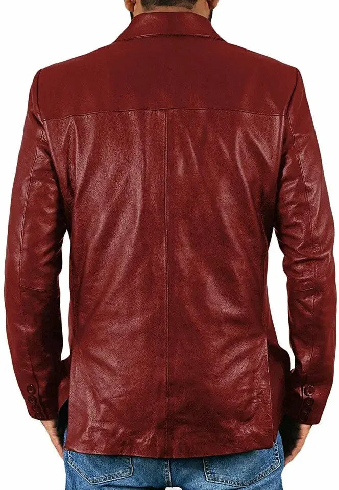 Men's Premium Burgundy Maroon Original Leather Blazer - Handcrafted Full-Grain Formal Jacket