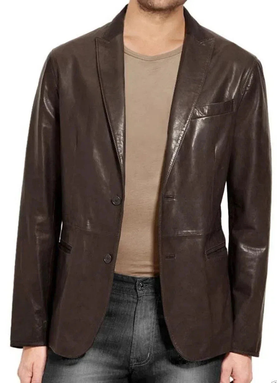 Men's Premium Dark Brown Original Leather Blazer - Handcrafted Full-Grain Formal Jacket