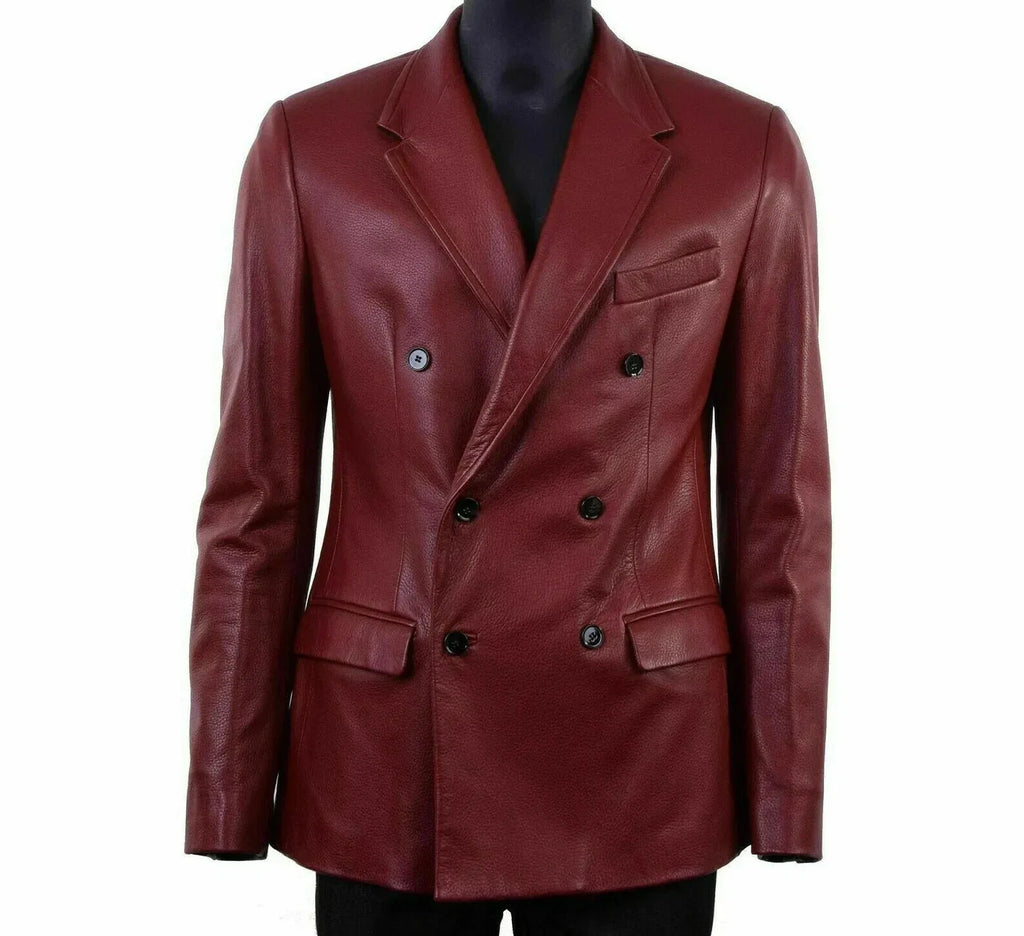 Men's Premium Burgundy Double-Breasted Leather Blazer - Handcrafted Full-Grain Formal Jacket