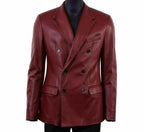 Men's Premium Burgundy Double-Breasted Leather Blazer - Handcrafted Full-Grain Formal Jacket
