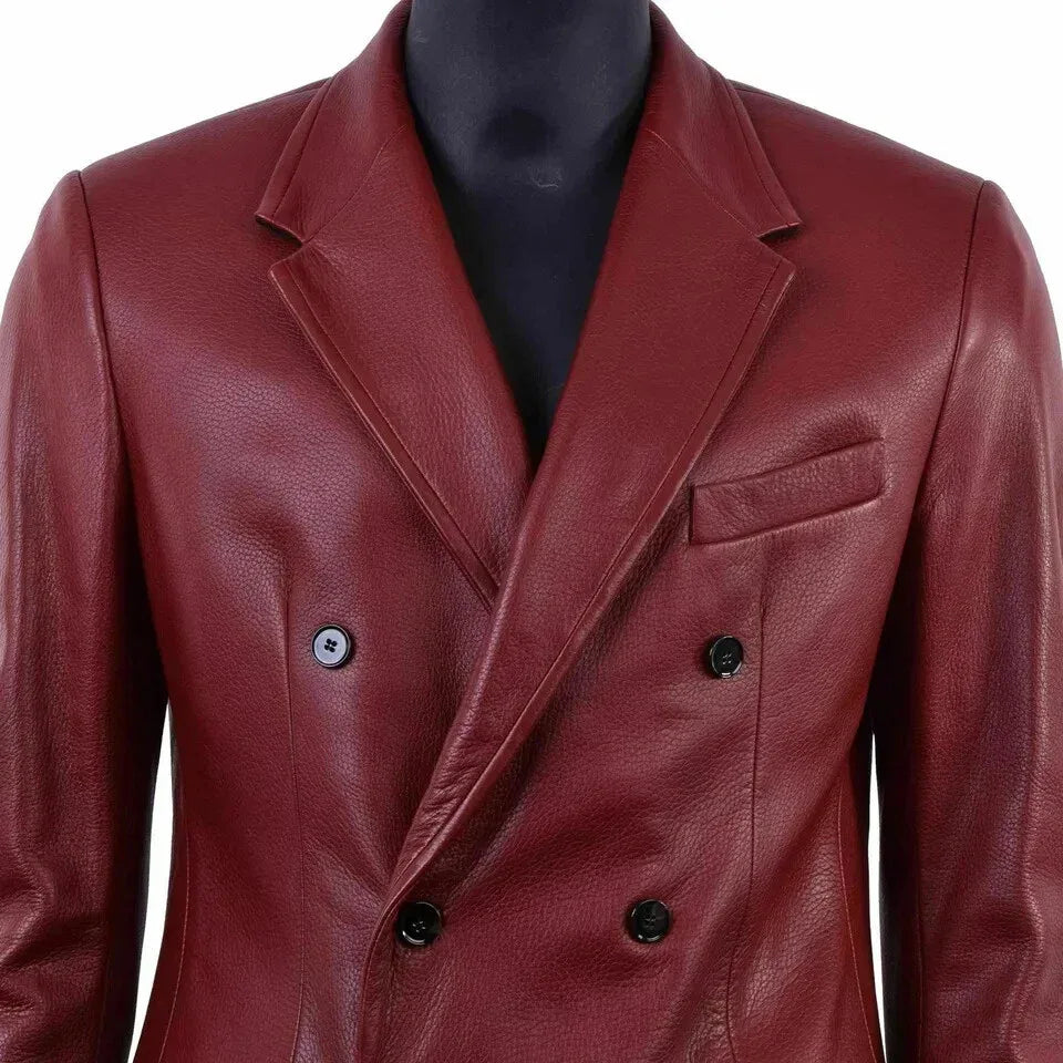 Men's Premium Burgundy Double-Breasted Leather Blazer - Handcrafted Full-Grain Formal Jacket