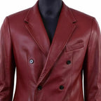 Men's Premium Burgundy Double-Breasted Leather Blazer - Handcrafted Full-Grain Formal Jacket