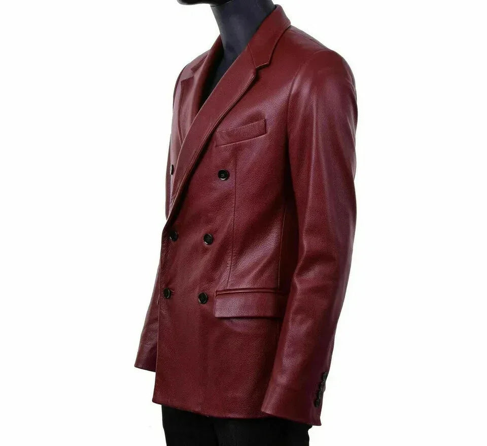 Men's Premium Burgundy Double-Breasted Leather Blazer - Handcrafted Full-Grain Formal Jacket