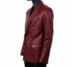 Men's Premium Burgundy Double-Breasted Leather Blazer - Handcrafted Full-Grain Formal Jacket