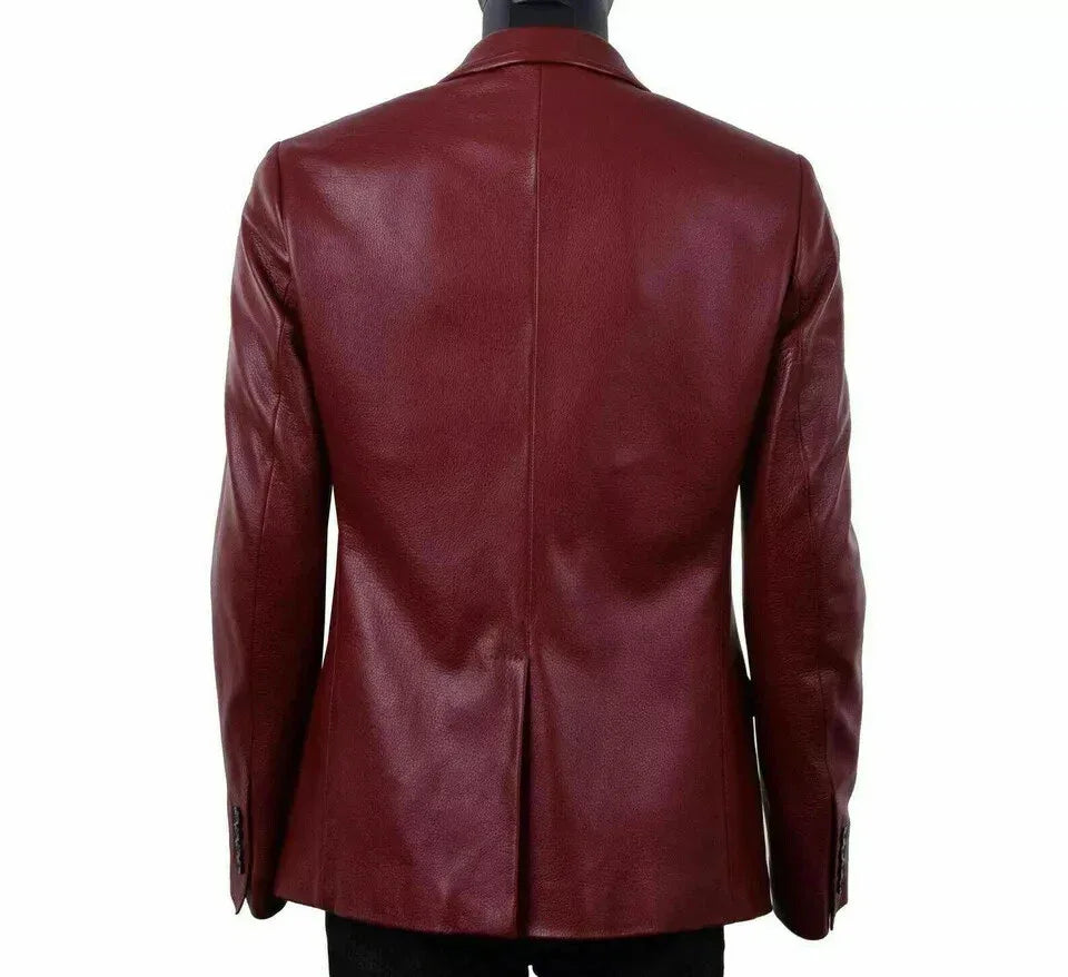 Men's Premium Burgundy Double-Breasted Leather Blazer - Handcrafted Full-Grain Formal Jacket