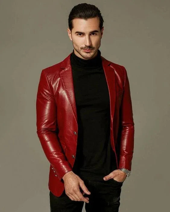 Men's Premium Red Original Leather Blazer - Handcrafted Full-Grain Formal Jacket