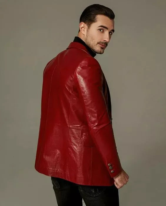 Men's Premium Red Original Leather Blazer - Handcrafted Full-Grain Formal Jacket