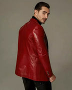Men's Premium Red Original Leather Blazer - Handcrafted Full-Grain Formal Jacket