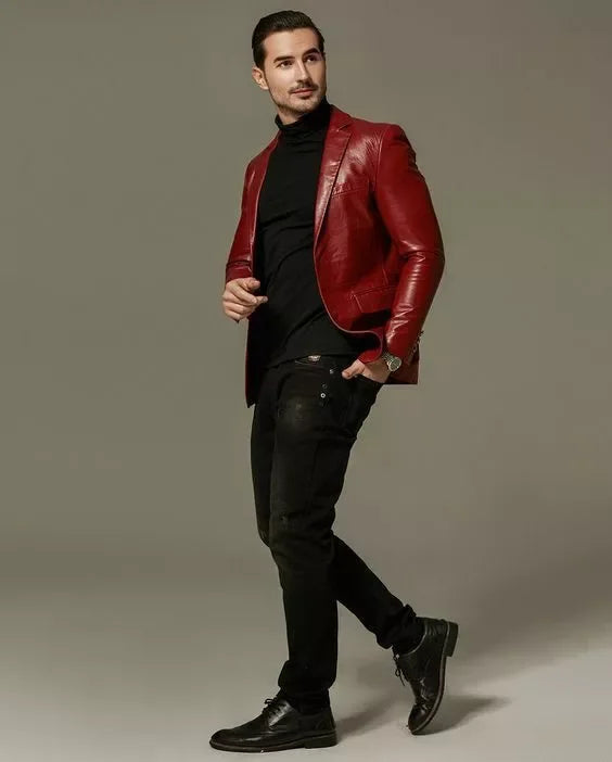Men's Premium Red Original Leather Blazer - Handcrafted Full-Grain Formal Jacket