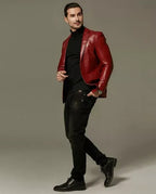Men's Premium Red Original Leather Blazer - Handcrafted Full-Grain Formal Jacket