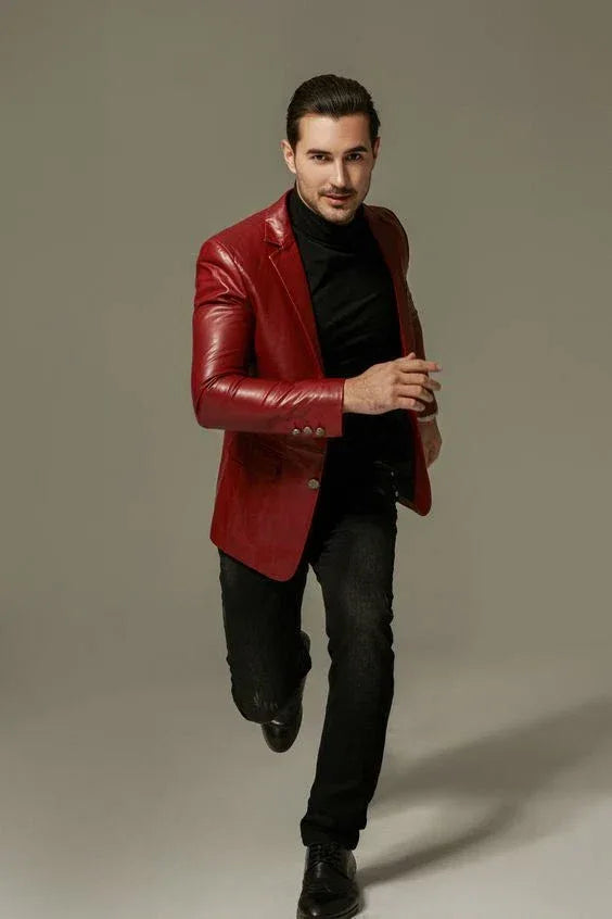 Men's Premium Red Original Leather Blazer - Handcrafted Full-Grain Formal Jacket