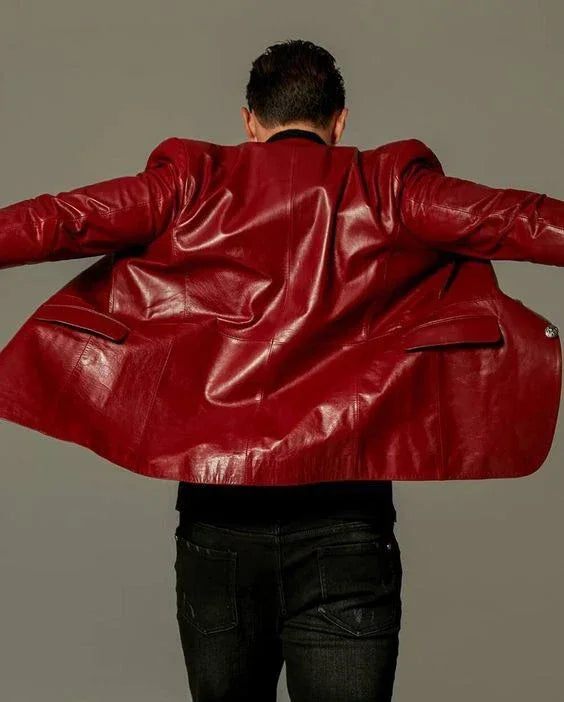 Men's Premium Red Original Leather Blazer - Handcrafted Full-Grain Formal Jacket