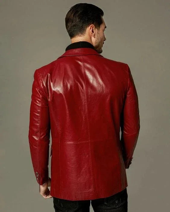 Men's Premium Red Original Leather Blazer - Handcrafted Full-Grain Formal Jacket