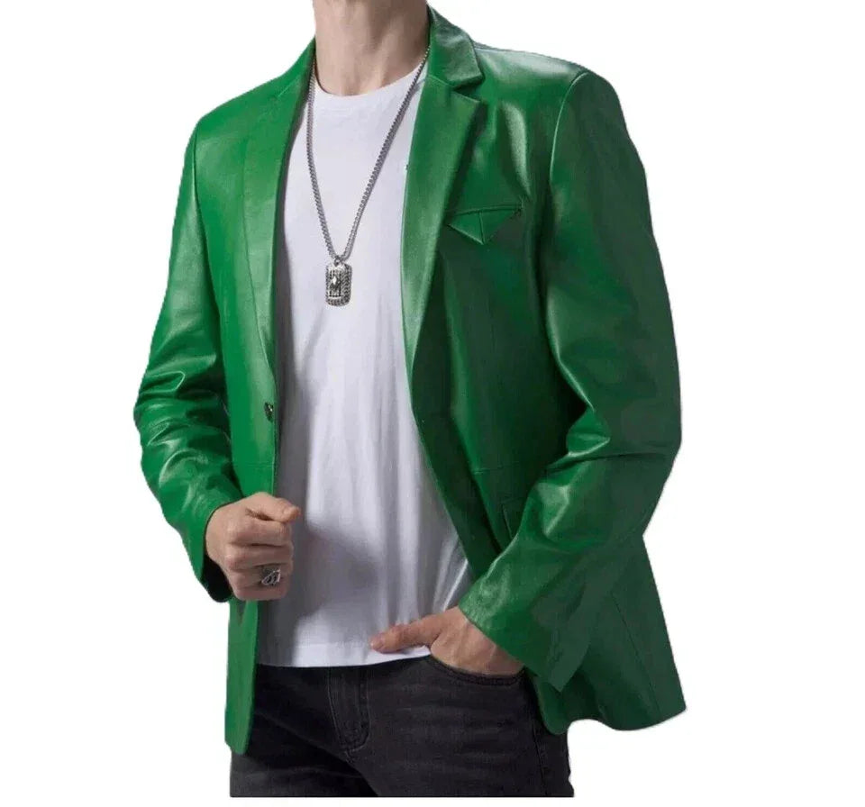 Men's Premium Emerald Green Leather Blazer - Handcrafted Full-Grain Formal Jacket