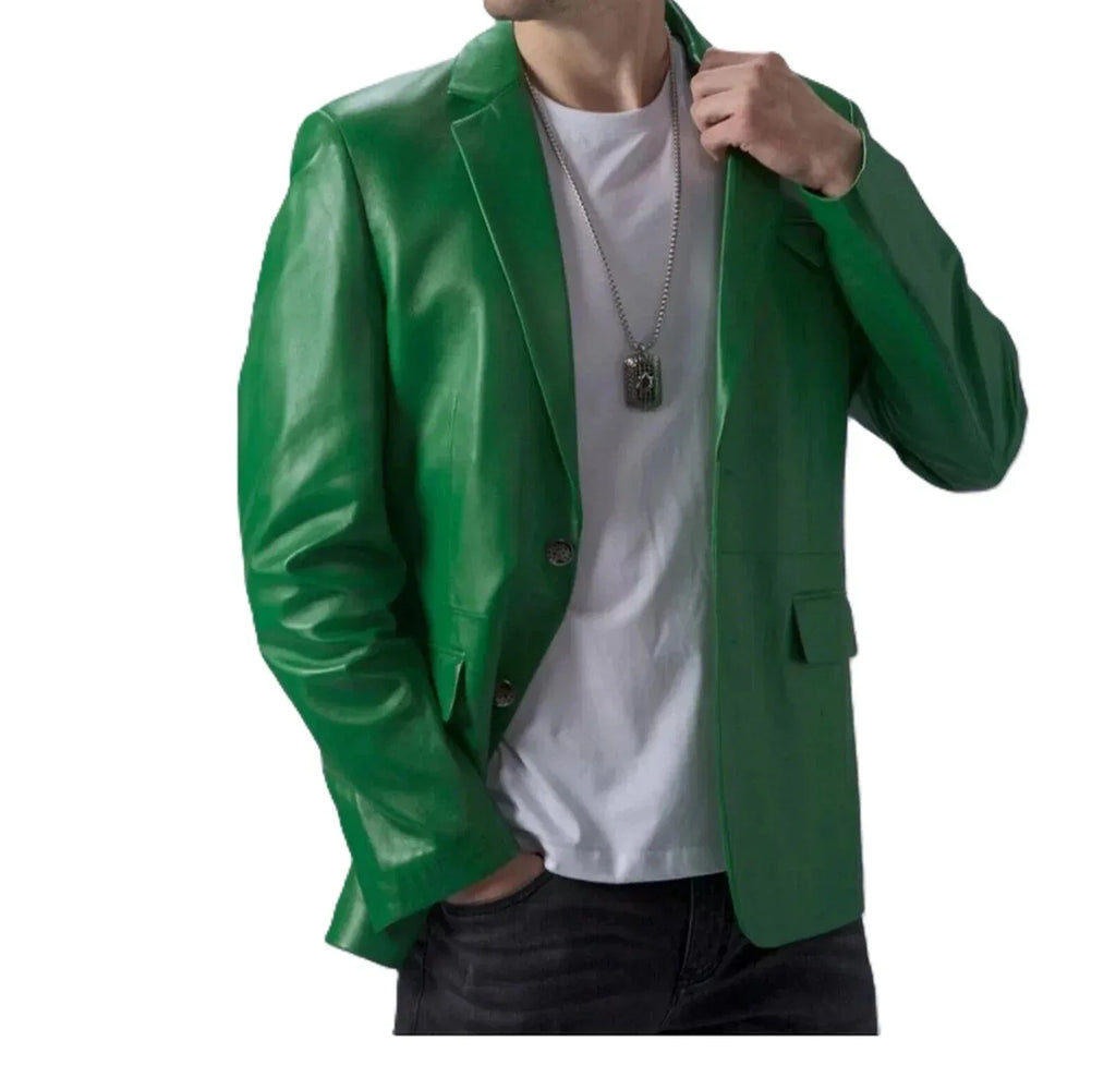 Men's Premium Emerald Green Leather Blazer - Handcrafted Full-Grain Formal Jacket
