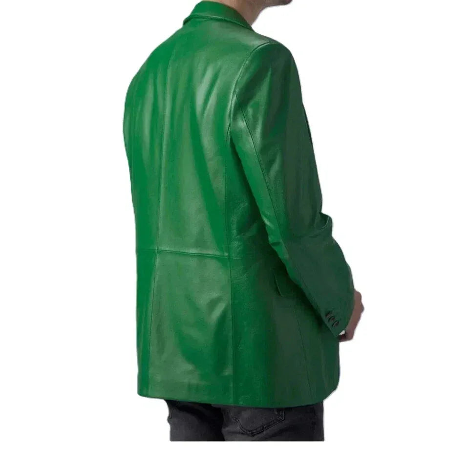 Men's Premium Emerald Green Leather Blazer - Handcrafted Full-Grain Formal Jacket