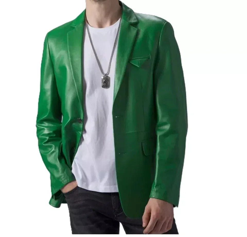 Men's Premium Emerald Green Leather Blazer - Handcrafted Full-Grain Formal Jacket