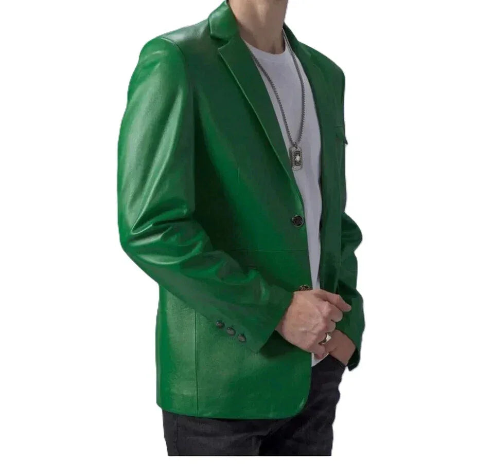 Men's Premium Emerald Green Leather Blazer - Handcrafted Full-Grain Formal Jacket