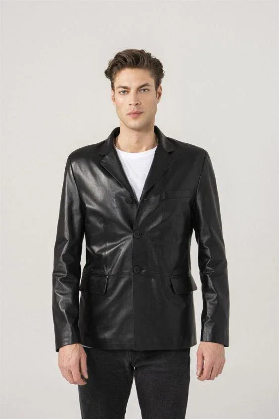Original Black Leather Blazer Men - Minimalist Full Grain Leather Jacket