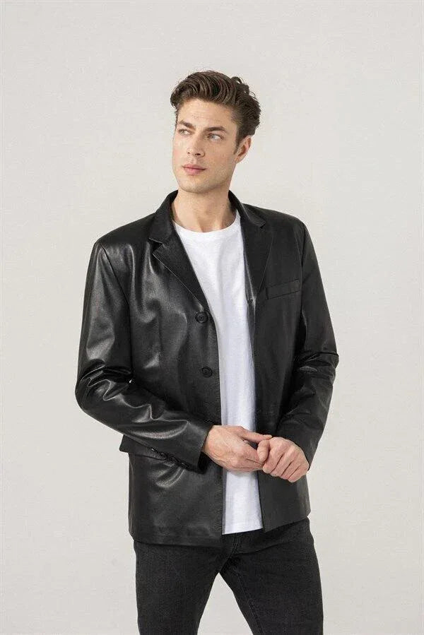 Original Black Leather Blazer Men - Minimalist Full Grain Leather Jacket