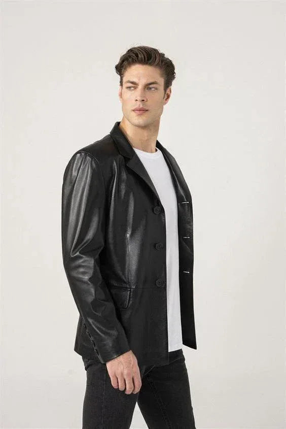 Original Black Leather Blazer Men - Minimalist Full Grain Leather Jacket