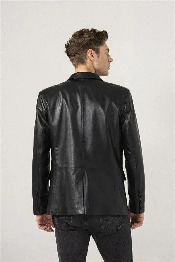 Original Black Leather Blazer Men - Minimalist Full Grain Leather Jacket