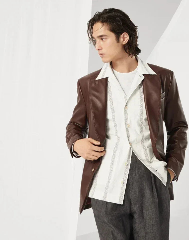 Original Brown Leather Blazer for Men - Classic Full Grain Leather Jacket