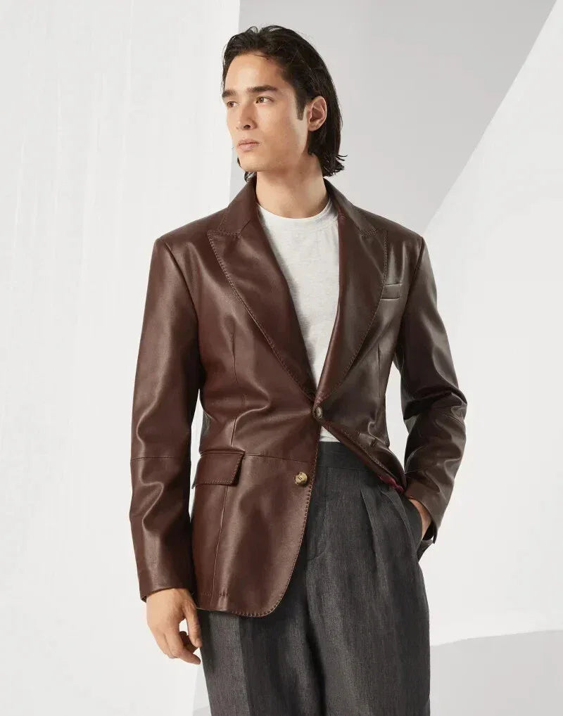 Original Brown Leather Blazer for Men - Classic Full Grain Leather Jacket