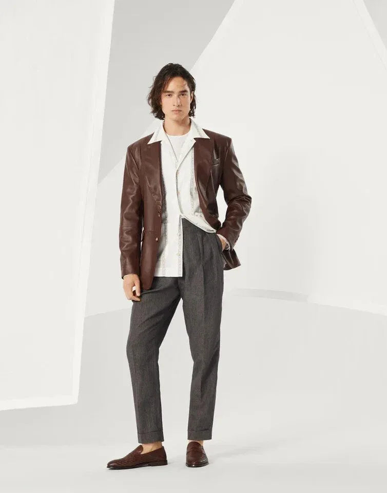 Original Brown Leather Blazer for Men - Classic Full Grain Leather Jacket