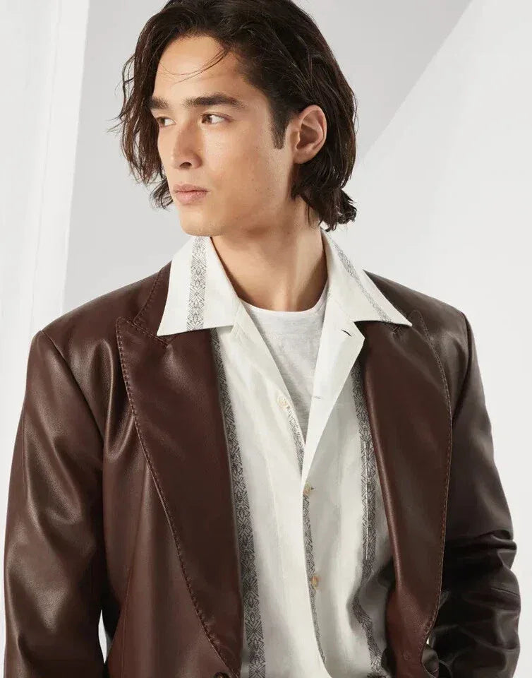 Original Brown Leather Blazer for Men - Classic Full Grain Leather Jacket