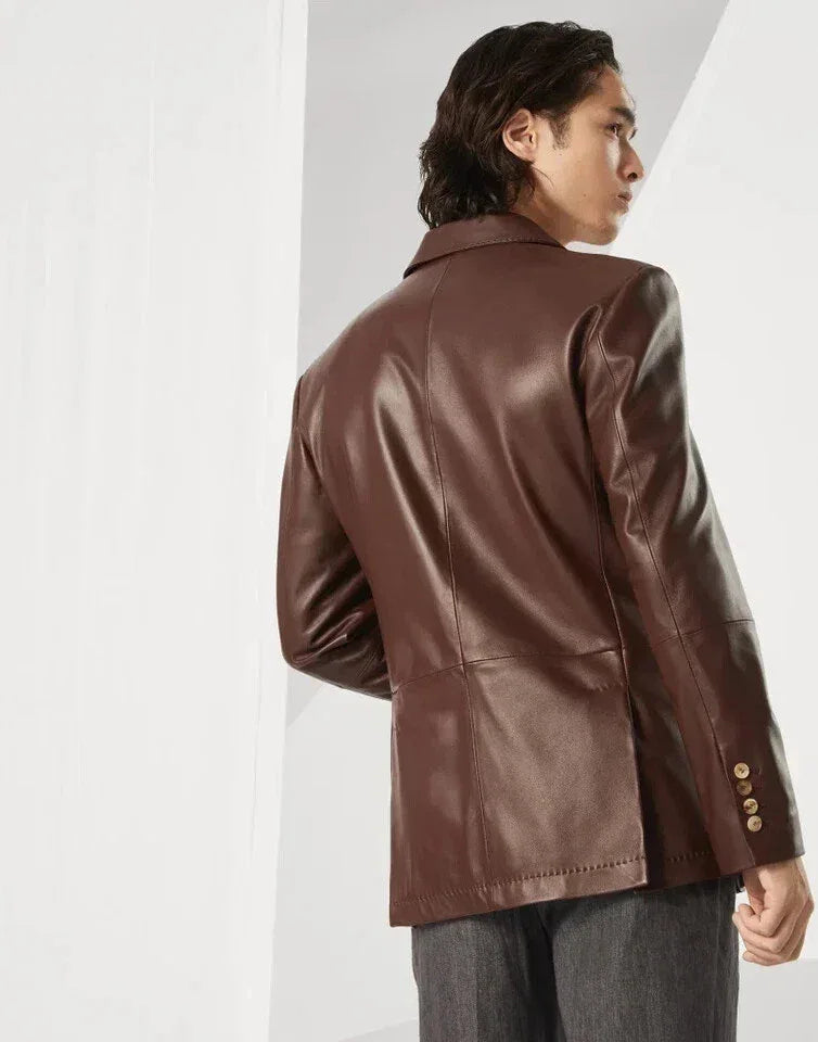 Original Brown Leather Blazer for Men - Classic Full Grain Leather Jacket