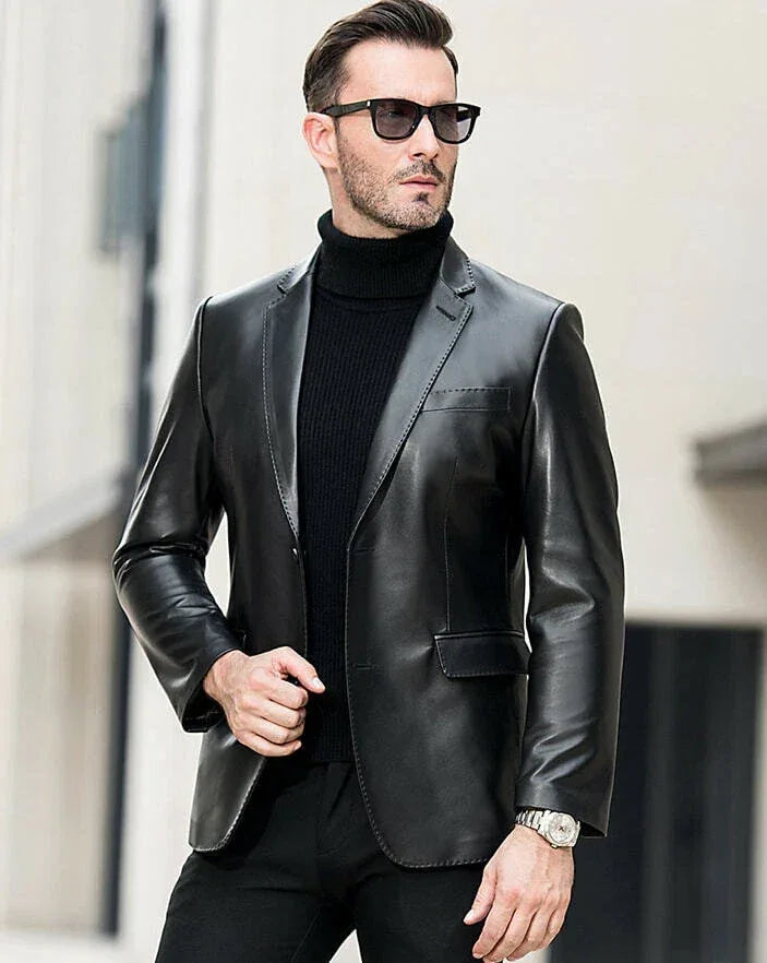 Black Original Leather Blazer Men - Contrast Stitch Full Grain Leather Jacket