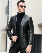 Black Original Leather Blazer Men - Contrast Stitch Full Grain Leather Jacket