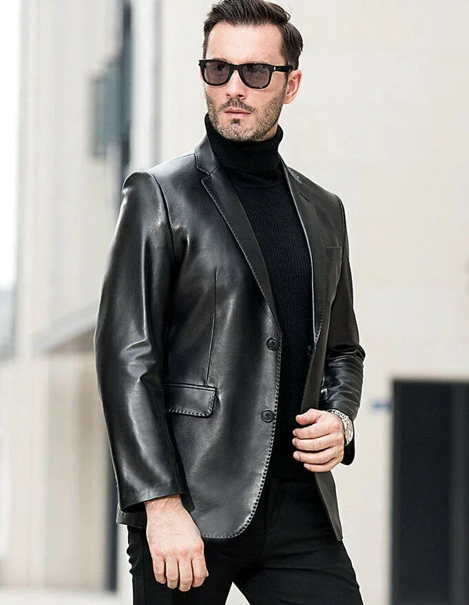 Black Original Leather Blazer Men - Contrast Stitch Full Grain Leather Jacket