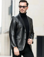 Black Original Leather Blazer Men - Contrast Stitch Full Grain Leather Jacket